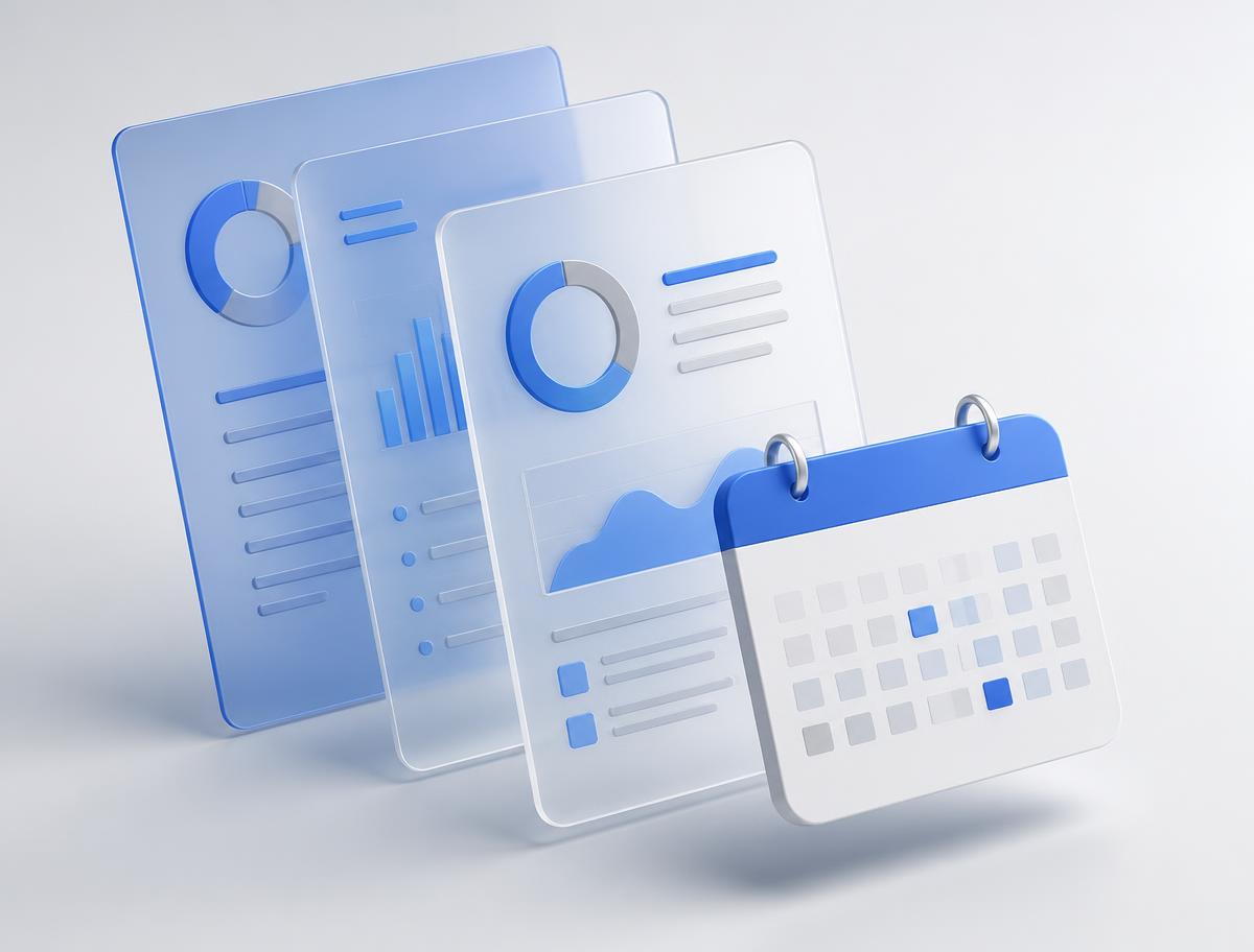 Illustration of monthly report pages and a calendar